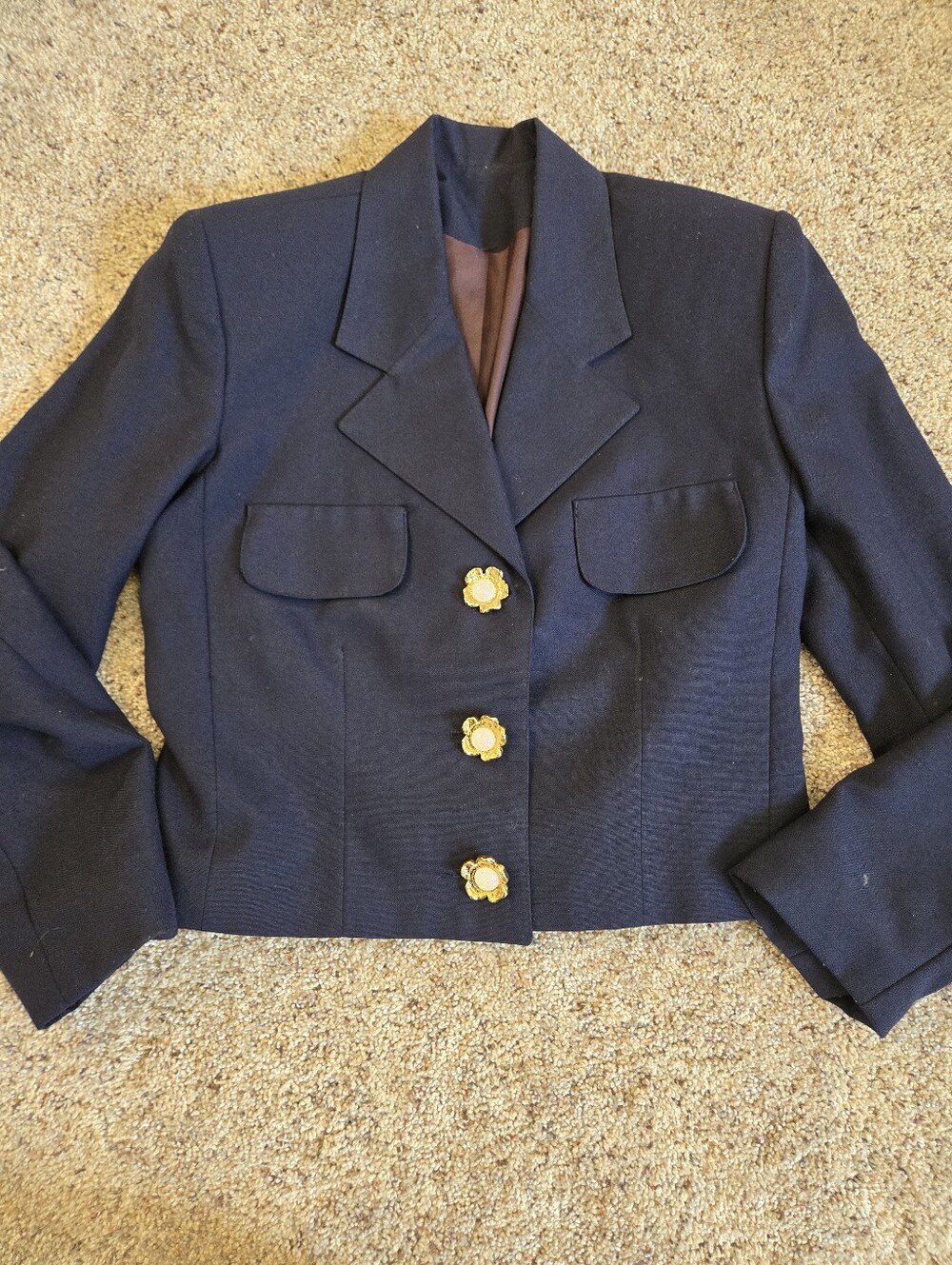 Vintage Amoretti 2 Piece Navy Skirt Suit Set Gold Floral Buttons Women's Size 4 - Picture 10 of 11